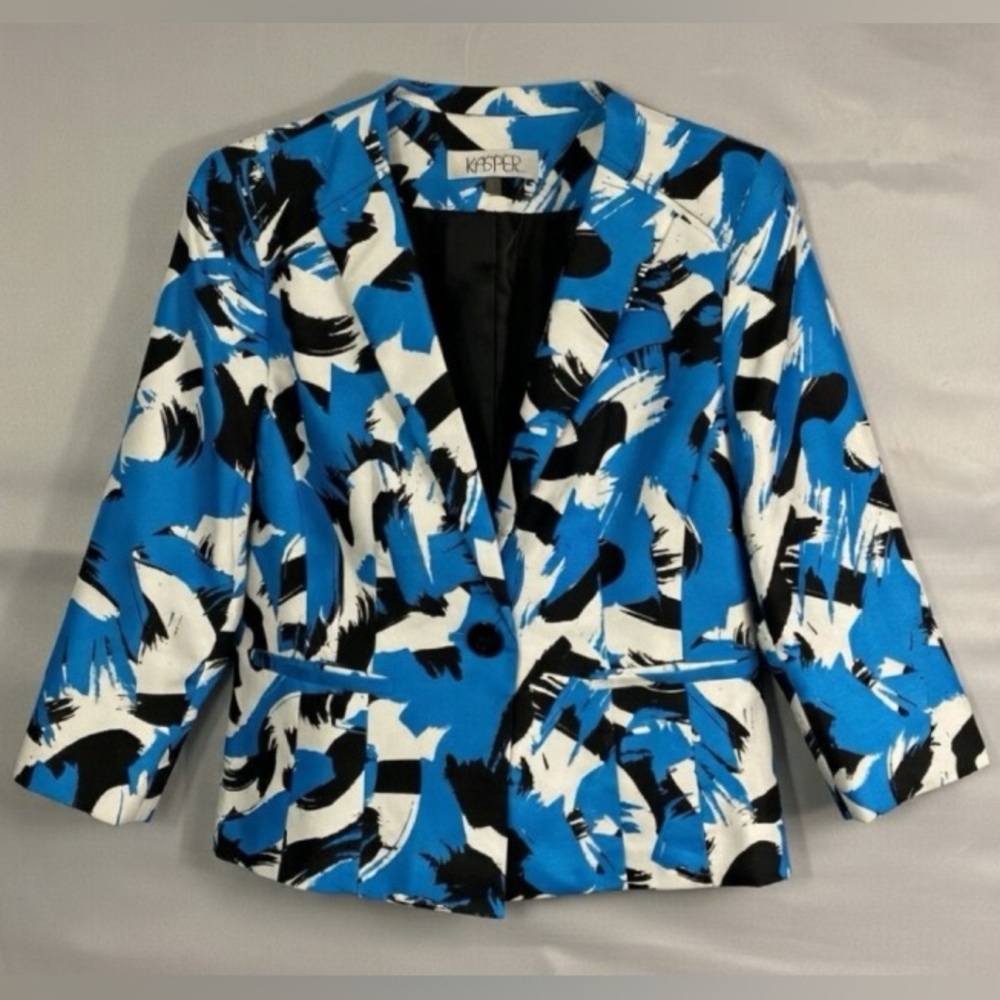 Kasper Women’s 6P Blazer Print One Button Blue White Black Jacket Semi Fit 3/4